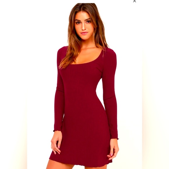 Lulu’s Burgundy Smile at Me Ribbed Scoop Neck Long Sleeve Dress - Picture 1 of 5